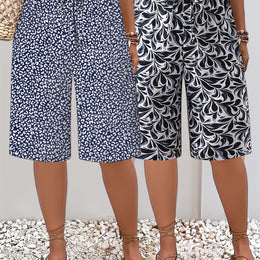 jkthpu-45 Blue+White+Blue / UK 18 Plus Size Printed Beach Vacation TwoPiece Shorts Set