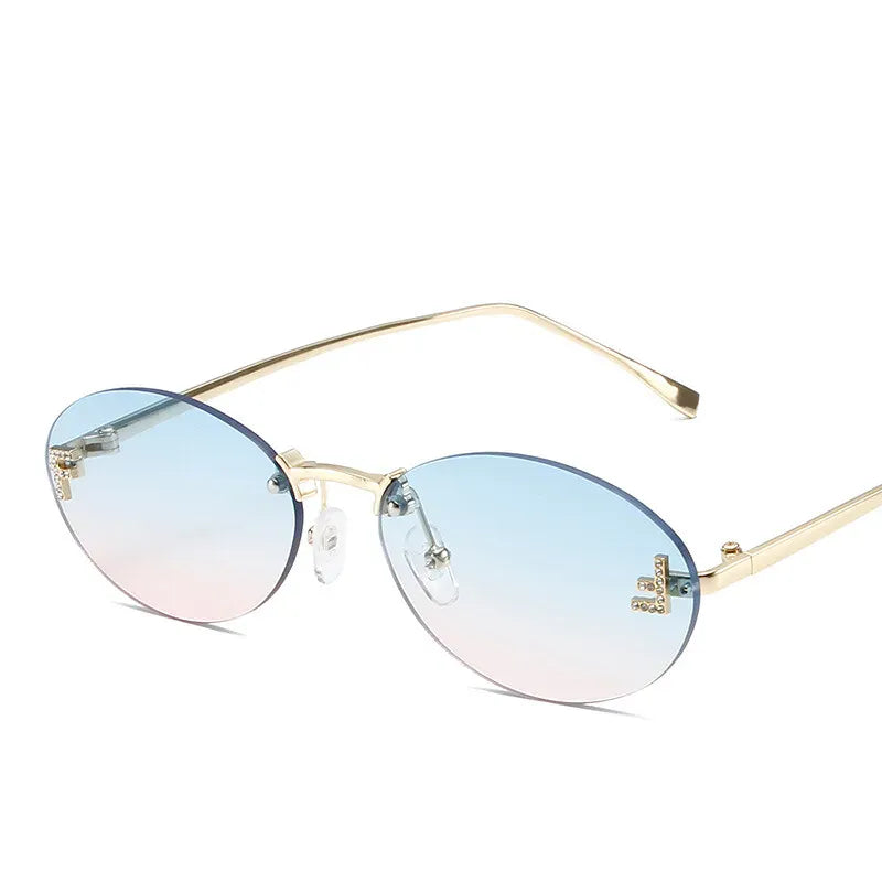Dropshipman bluepink Diamond Letter Rimless Oval Sunglasses