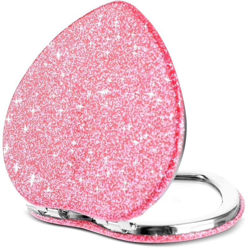 jkthpu-45 Blush Pink Sparkling Heart Mirror Portable Polished Stainless Steel Magnifier