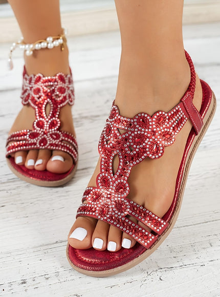 jkthpu-45 Bohemian Floral Rhinestone Flat Sandals for Summer Vacations