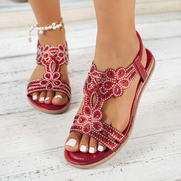 jkthpu-45 Bohemian Floral Rhinestone Flat Sandals for Summer Vacations
