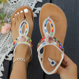 KissICON Bohemian Shiny Crystal Flat Sandals for Women 2025