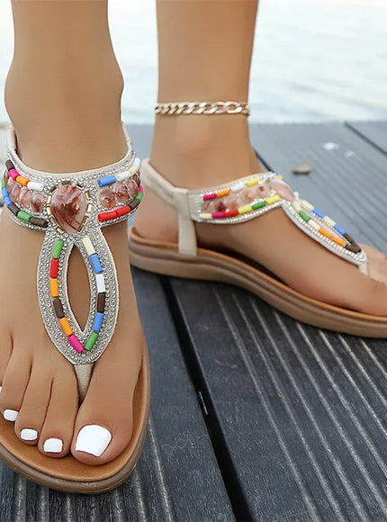 KissICON Bohemian Shiny Crystal Flat Sandals for Women 2025