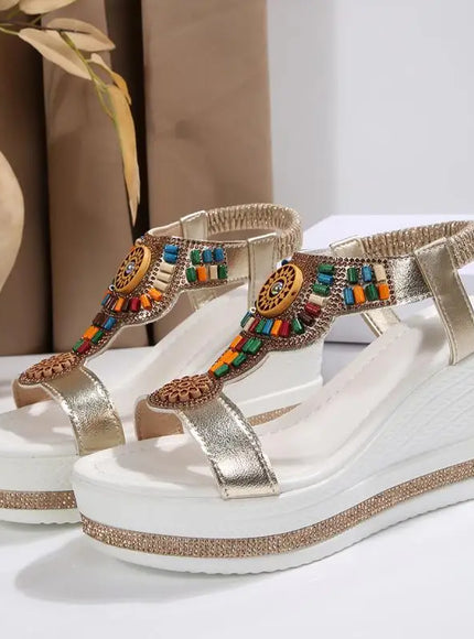 KissICON Bohemian Style Elastic Ankle Straps Wedge Sandals Women