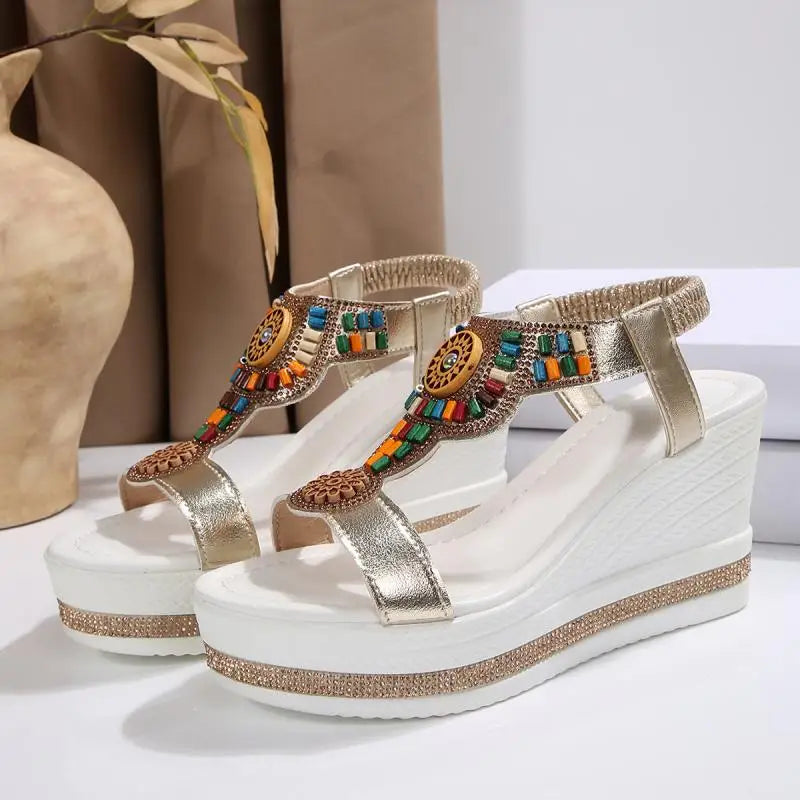 KissICON Bohemian Style Elastic Ankle Straps Wedge Sandals Women