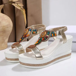 KissICON Bohemian Style Elastic Ankle Straps Wedge Sandals Women