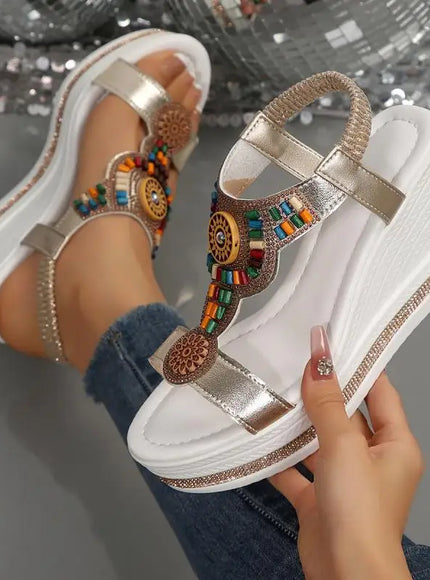 KissICON Bohemian Style Elastic Ankle Straps Wedge Sandals Women