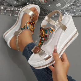 KissICON Bohemian Style Elastic Ankle Straps Wedge Sandals Women