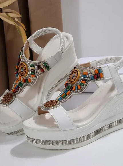 KissICON Bohemian Style Elastic Ankle Straps Wedge Sandals Women
