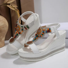 KissICON Bohemian Style Elastic Ankle Straps Wedge Sandals Women