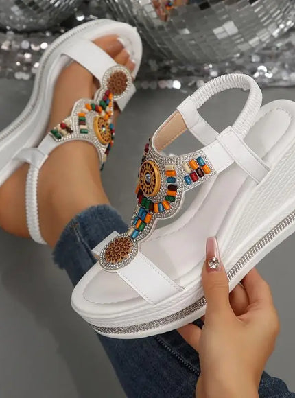 KissICON Bohemian Style Elastic Ankle Straps Wedge Sandals Women
