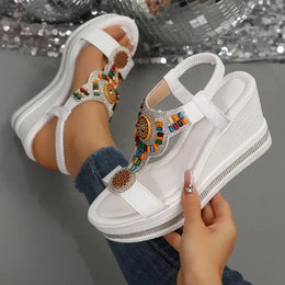 KissICON Bohemian Style Elastic Ankle Straps Wedge Sandals Women