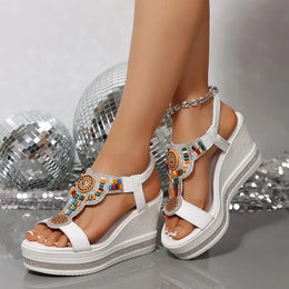 KissICON Bohemian Style Elastic Ankle Straps Wedge Sandals Women