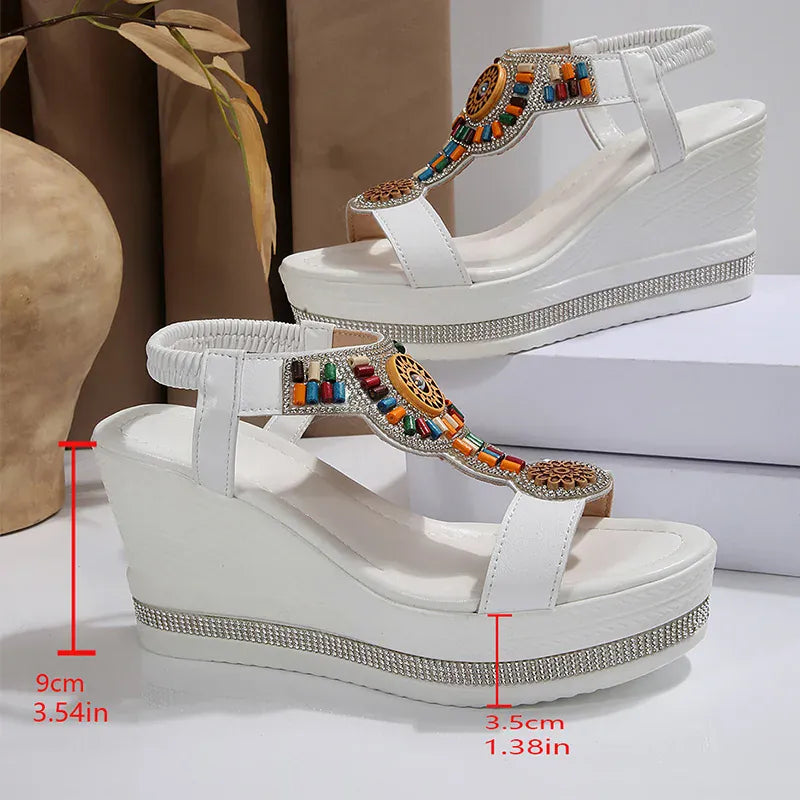 KissICON Bohemian Style Elastic Ankle Straps Wedge Sandals Women