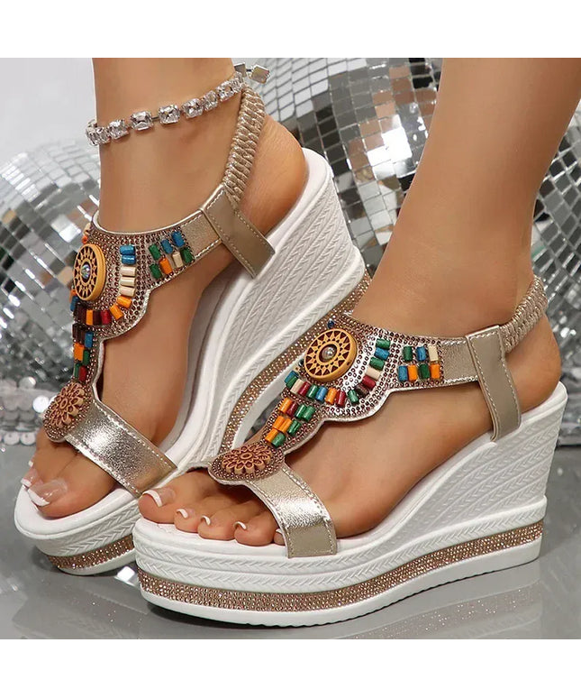 KissICON Bohemian Style Elastic Ankle Straps Wedge Sandals Women