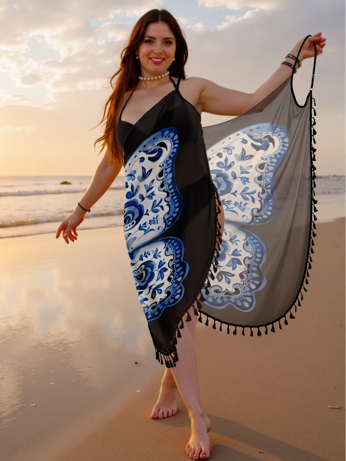 KissICON Boho Blue Butterfly Fringe Beach Coverup