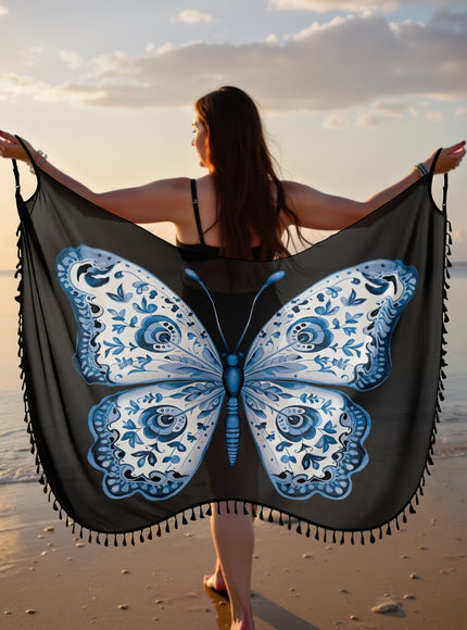 KissICON Boho Blue Butterfly Fringe Beach Coverup