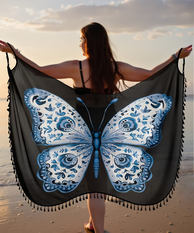 KissICON Boho Blue Butterfly Fringe Beach Coverup