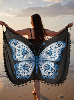 KissICON Boho Blue Butterfly Fringe Beach Coverup