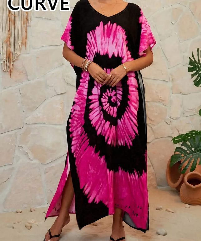 KissICON Boho Curve Tiedye V-Neck Beach Maxi Coverup