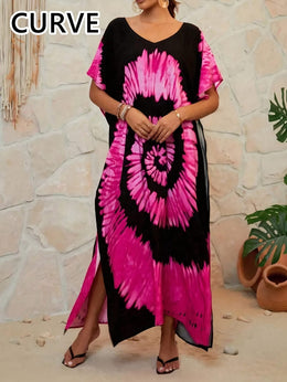 KissICON Boho Curve Tiedye V-Neck Beach Maxi Coverup