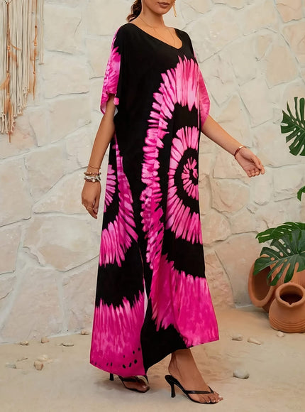 KissICON Boho Curve Tiedye V-Neck Beach Maxi Coverup