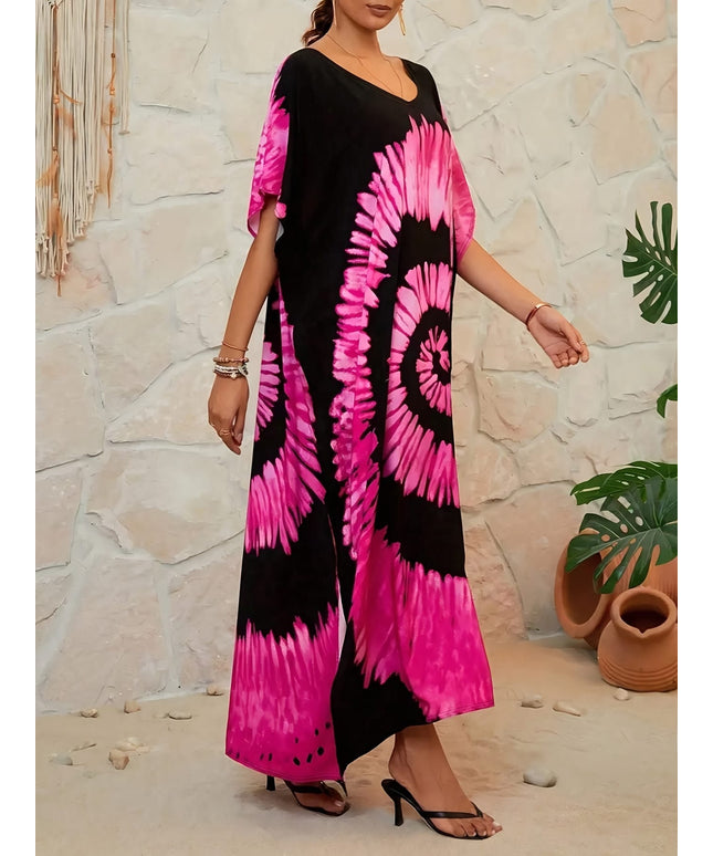 KissICON Boho Curve Tiedye V-Neck Beach Maxi Coverup