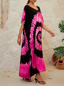 KissICON Boho Curve Tiedye V-Neck Beach Maxi Coverup