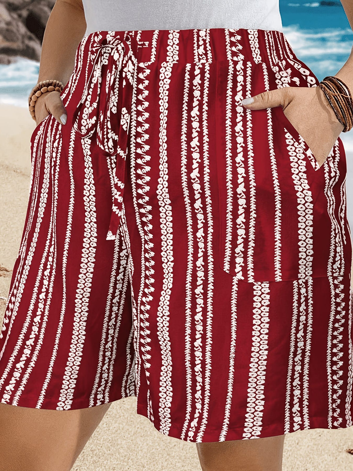 jkthpu-45 Boho Plus Size HighWaisted Printed Vacation Shorts