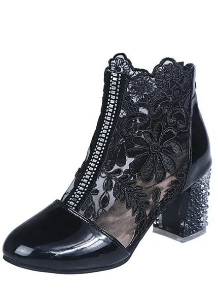 KissICON Boots Women's Mesh Floral Embroidery Clear Chunky Heel