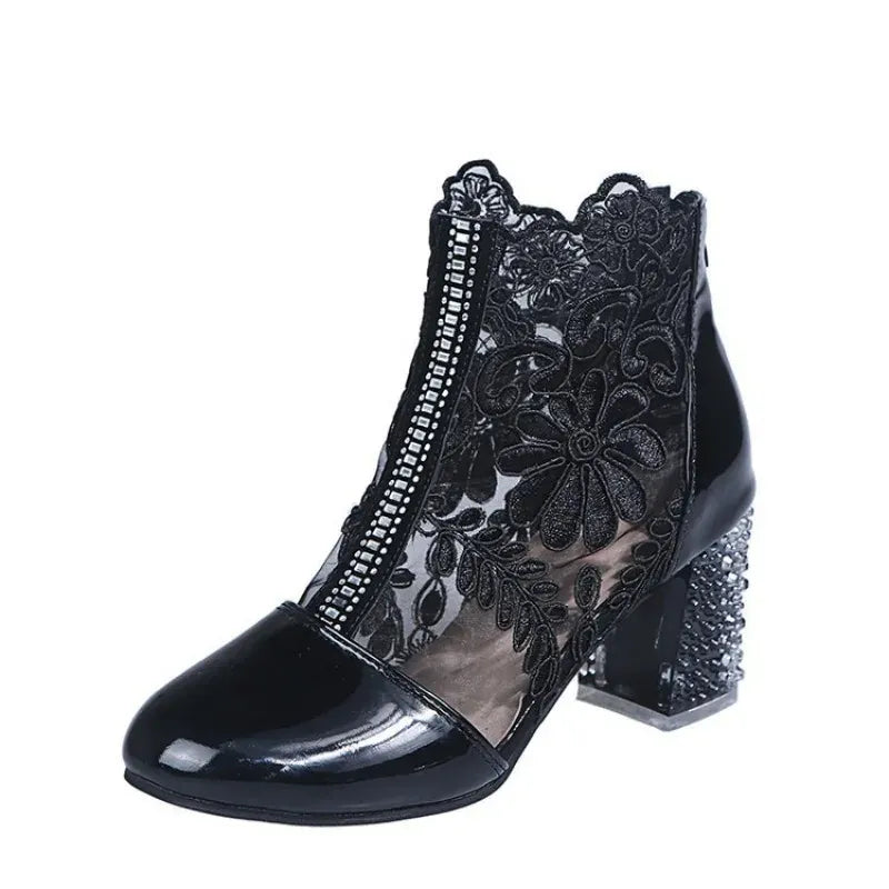 KissICON Boots Women's Mesh Floral Embroidery Clear Chunky Heel