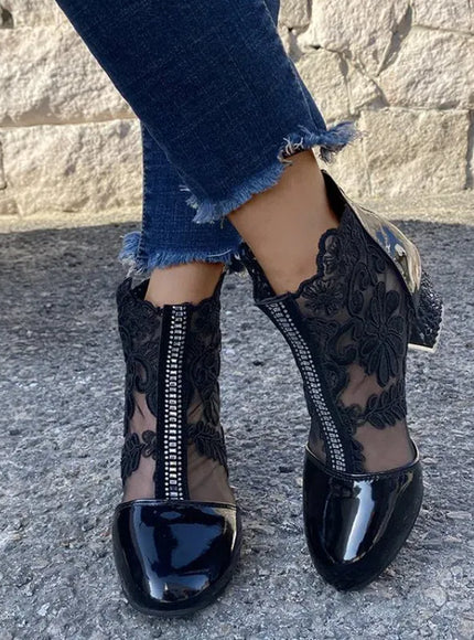 KissICON Boots Women's Mesh Floral Embroidery Clear Chunky Heel
