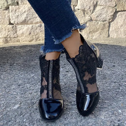 KissICON Boots Women's Mesh Floral Embroidery Clear Chunky Heel