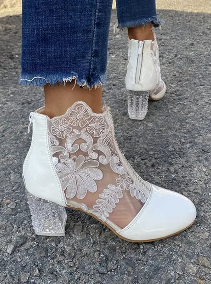 KissICON Boots Women's Mesh Floral Embroidery Clear Chunky Heel