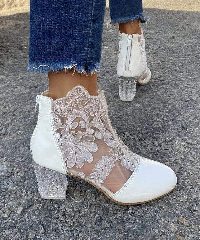KissICON Boots Women's Mesh Floral Embroidery Clear Chunky Heel