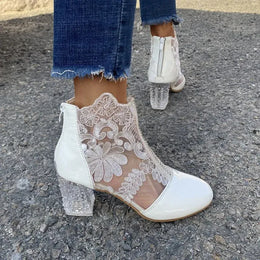 KissICON Boots Women's Mesh Floral Embroidery Clear Chunky Heel