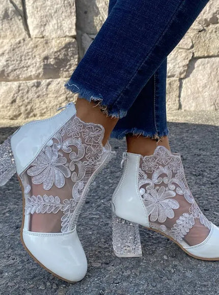 KissICON Boots Women's Mesh Floral Embroidery Clear Chunky Heel