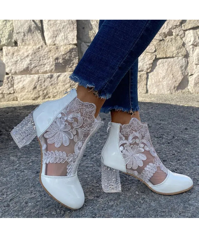 KissICON Boots Women's Mesh Floral Embroidery Clear Chunky Heel