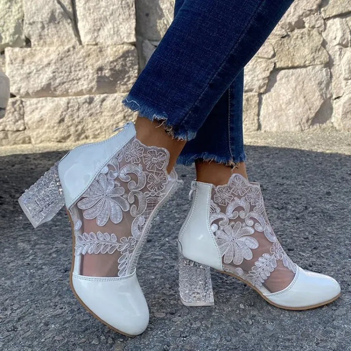 Boots Women's Mesh Floral Embroidery Clear Chunky Heel