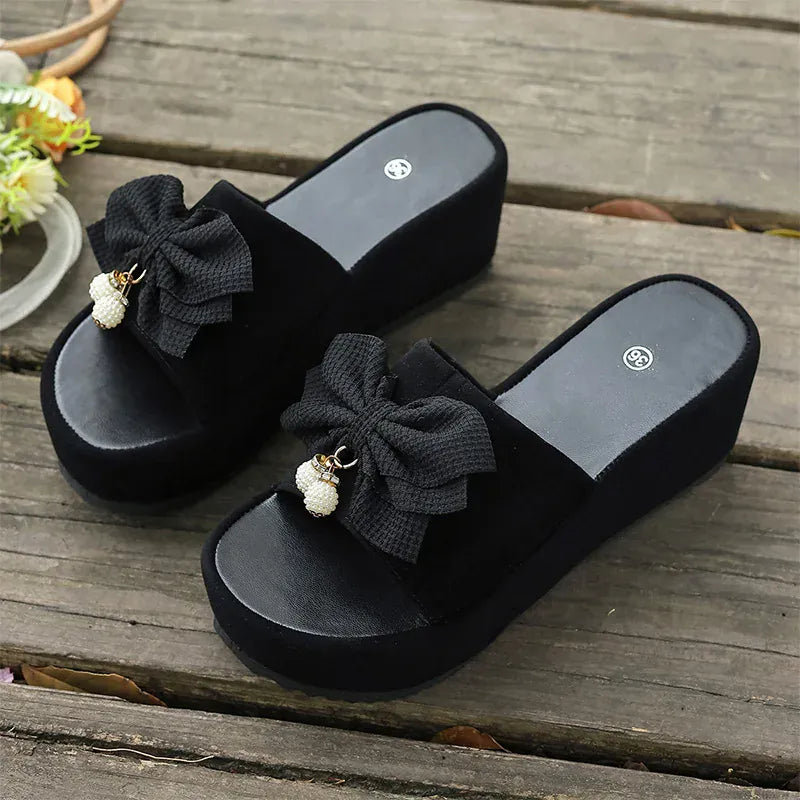 KissICON Bowtie Decor Wedges Sandals for Women Summer Thick