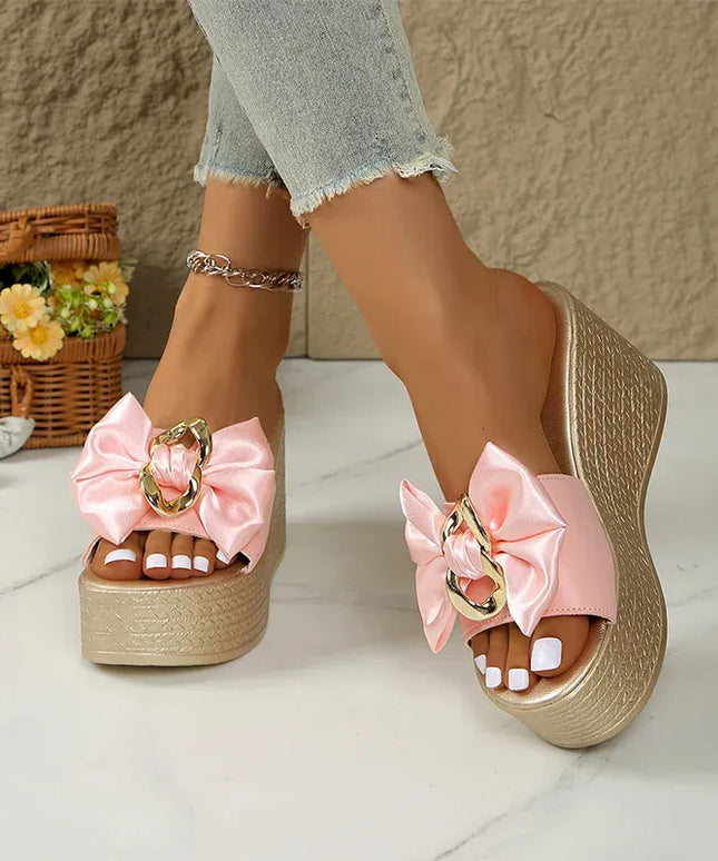 KissICON Bowtie Metal Decor Wedges Sandals for Women Elegant