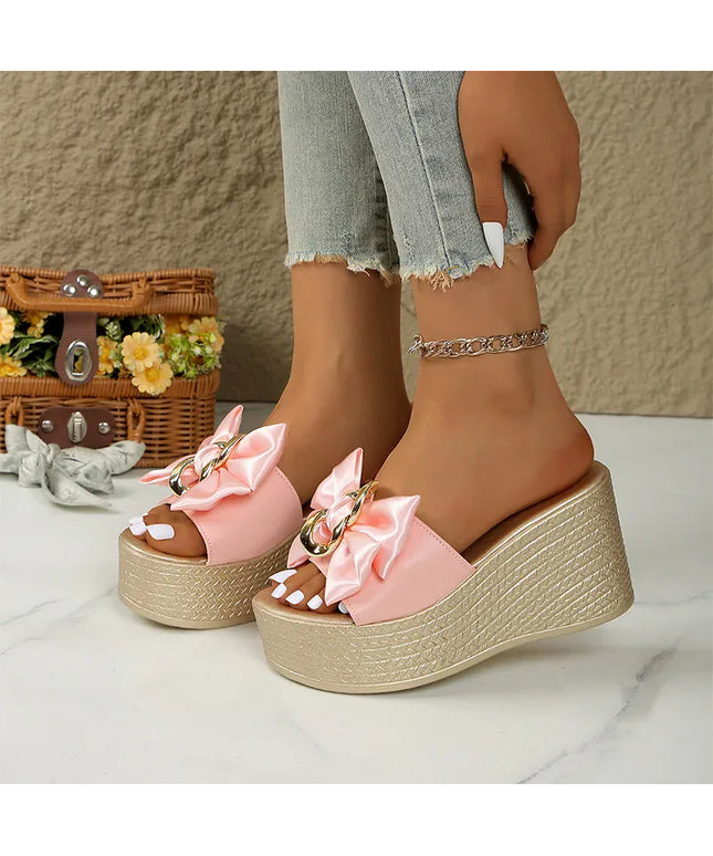 KissICON Bowtie Metal Decor Wedges Sandals for Women Elegant