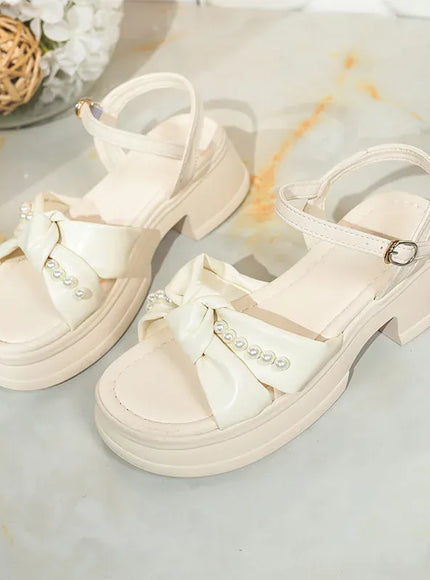 KissICON Bowtie Thick Sole Sandals for Women Pearl Chain