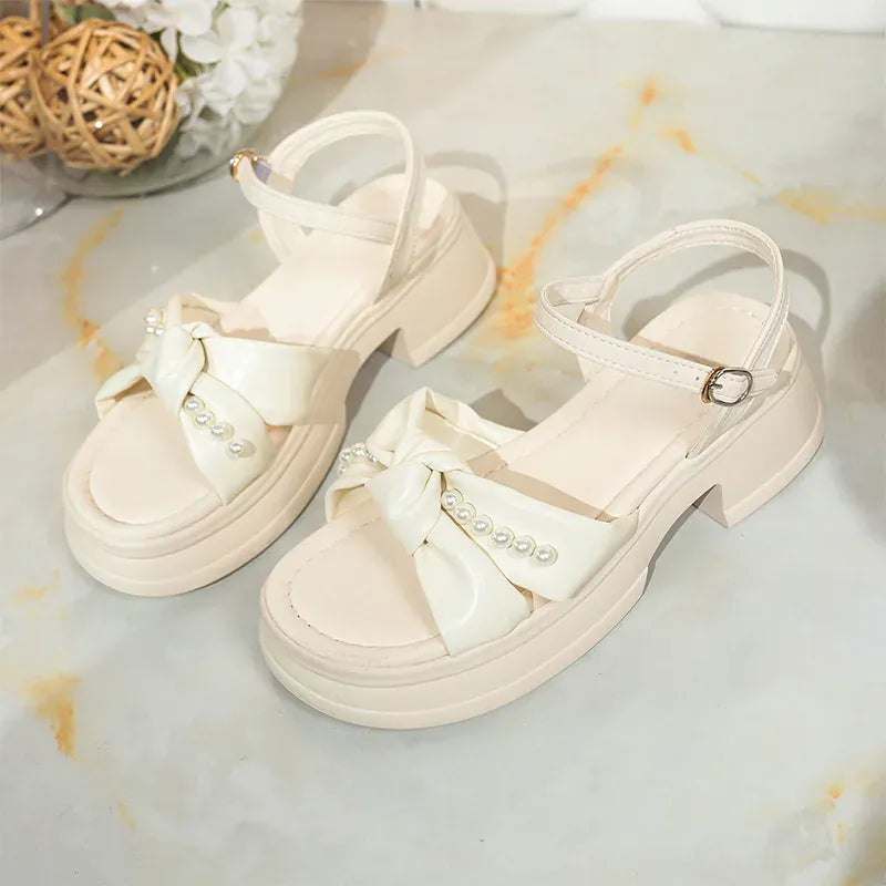 KissICON Bowtie Thick Sole Sandals for Women Pearl Chain