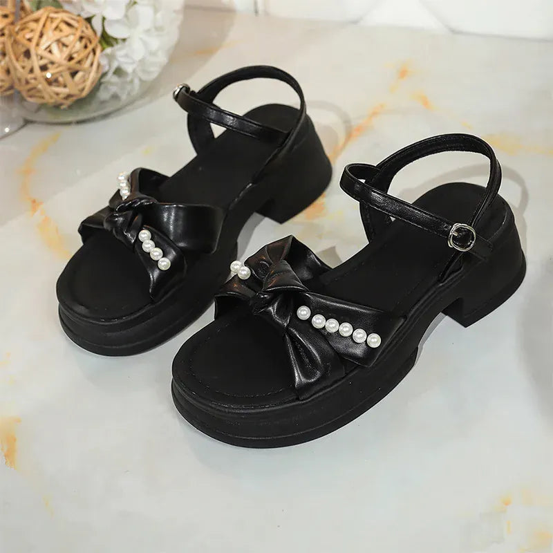 KissICON Bowtie Thick Sole Sandals for Women Pearl Chain