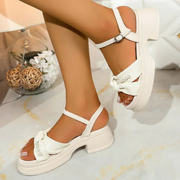 KissICON Bowtie Thick Sole Sandals for Women Pearl Chain
