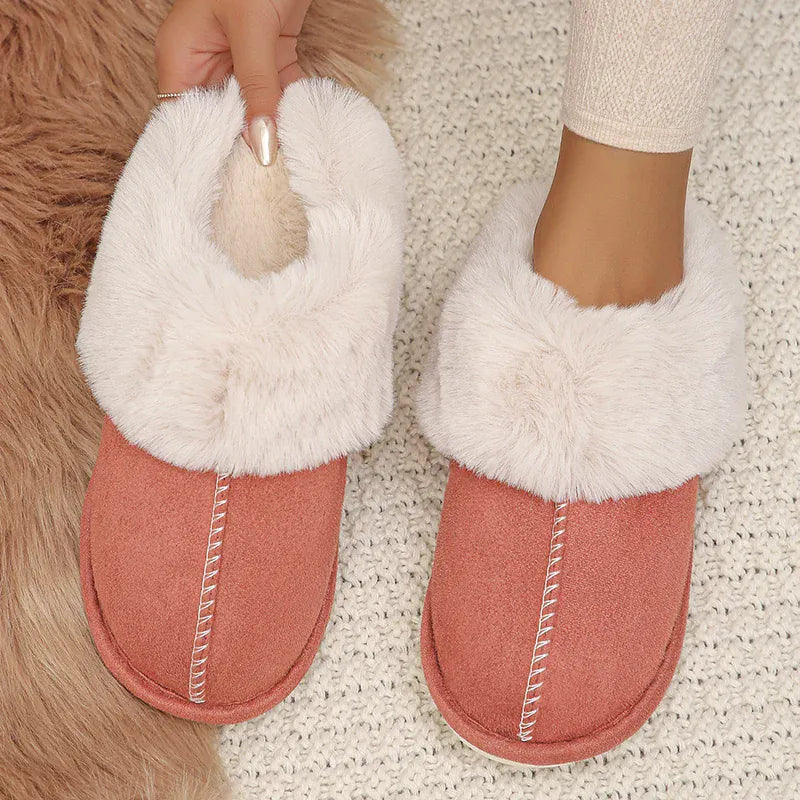 KissICON Brick red / 36-37(fit 34-35) Closed Toe Warm Cotton Slippers Women Faux Fur
