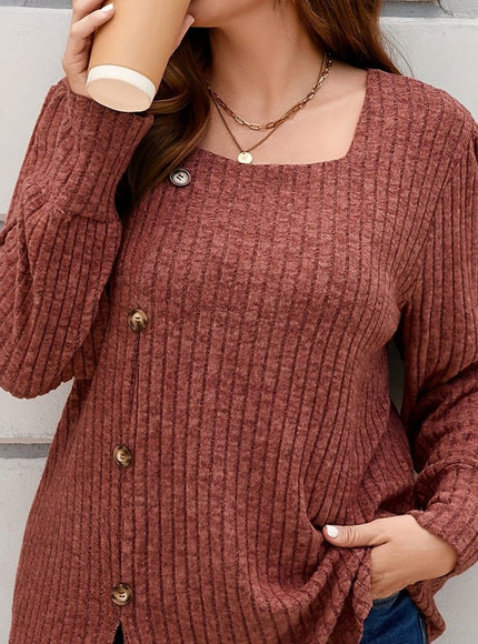 jkthpu-45 Brick Red / UK 18 Elegant Plus Size Ribbed Square Neck Long Sleeve Top