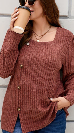 jkthpu-45 Brick Red / UK 18 Elegant Plus Size Ribbed Square Neck Long Sleeve Top