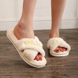 KissICON Bride Embroidered Plush Slippers Wedding Supplies Women Honeymoon